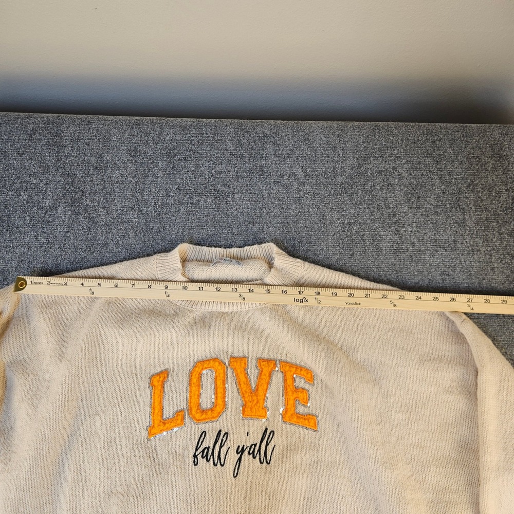 Love in Faith Womens 3XL Cream LOVE Fall Y'all Sequin Applique Knit Sweater - Picture 3 of 5
